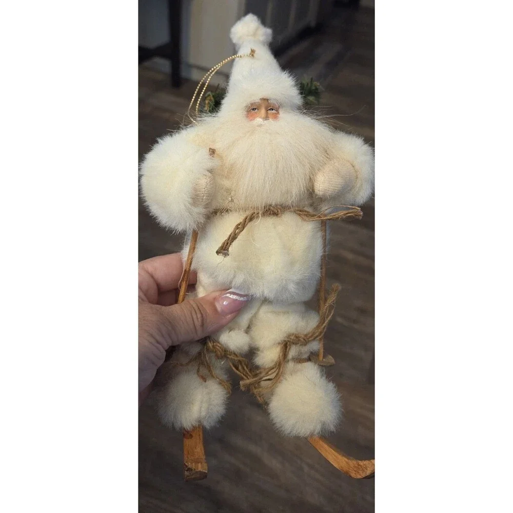 Vintage Santa skier skiing ornament for Xmas tree white father Xmas claws
